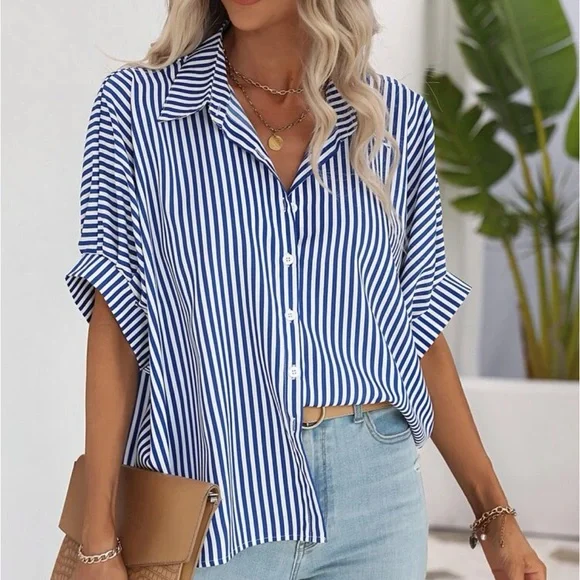 Classic Oversized Loose Fit Stripe Batwing Sleeve Button Down Shirt Top Blouse - Picture 4 of 14